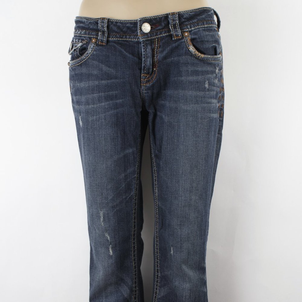 MEK Buckle Brighton Boot 27 (28 X 29) Women's Denim Jeans Dark Wash Flap Pocket